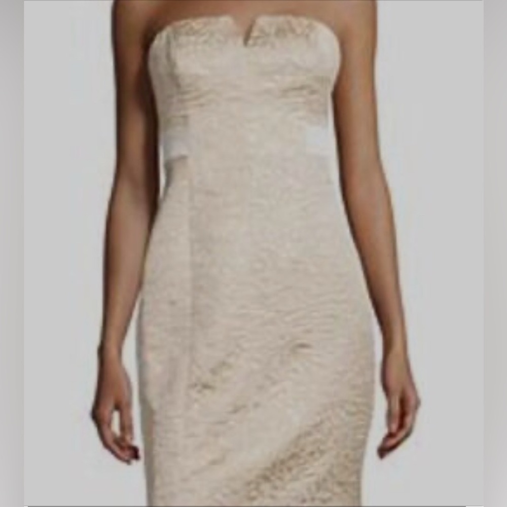 Halston Heritage Tan Cream Strapless Sheath Midi Dress